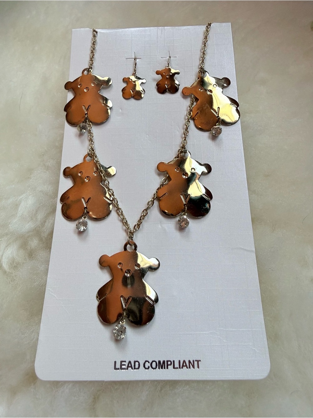 Teddy Bear Pendant Necklace and Earring Set - Gold